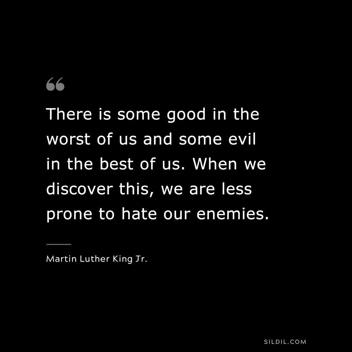 There is some good in the worst of us and some evil in the best of us. When we discover this, we are less prone to hate our enemies. ― Martin Luther King Jr.