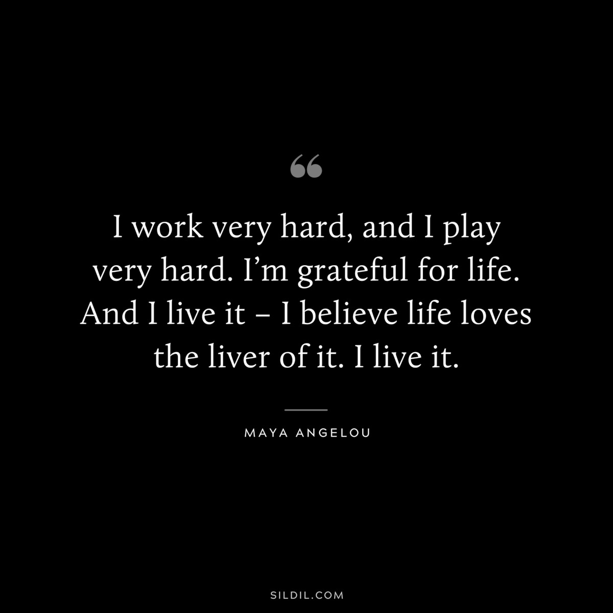 I work very hard, and I play very hard. I’m grateful for life. And I live it – I believe life loves the liver of it. I live it. ― Maya Angelou
