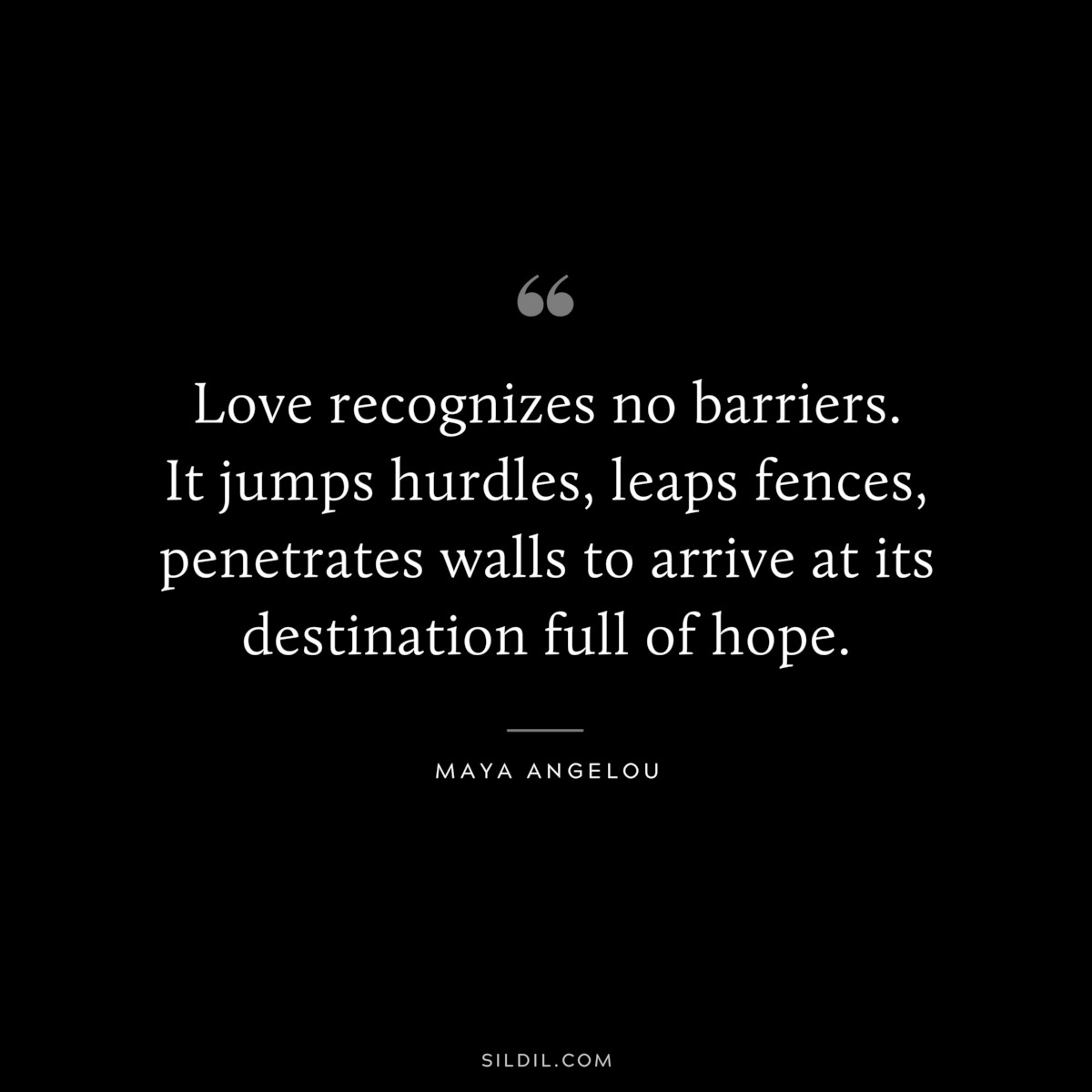 Love recognizes no barriers. It jumps hurdles, leaps fences, penetrates walls to arrive at its destination full of hope. ― Maya Angelou