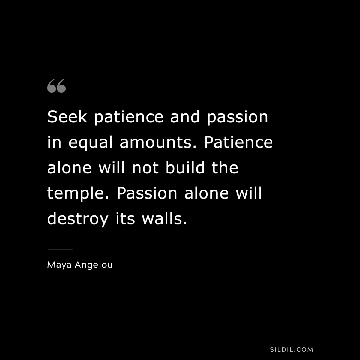Seek patience and passion in equal amounts. Patience alone will not build the temple. Passion alone will destroy its walls. ― Maya Angelou