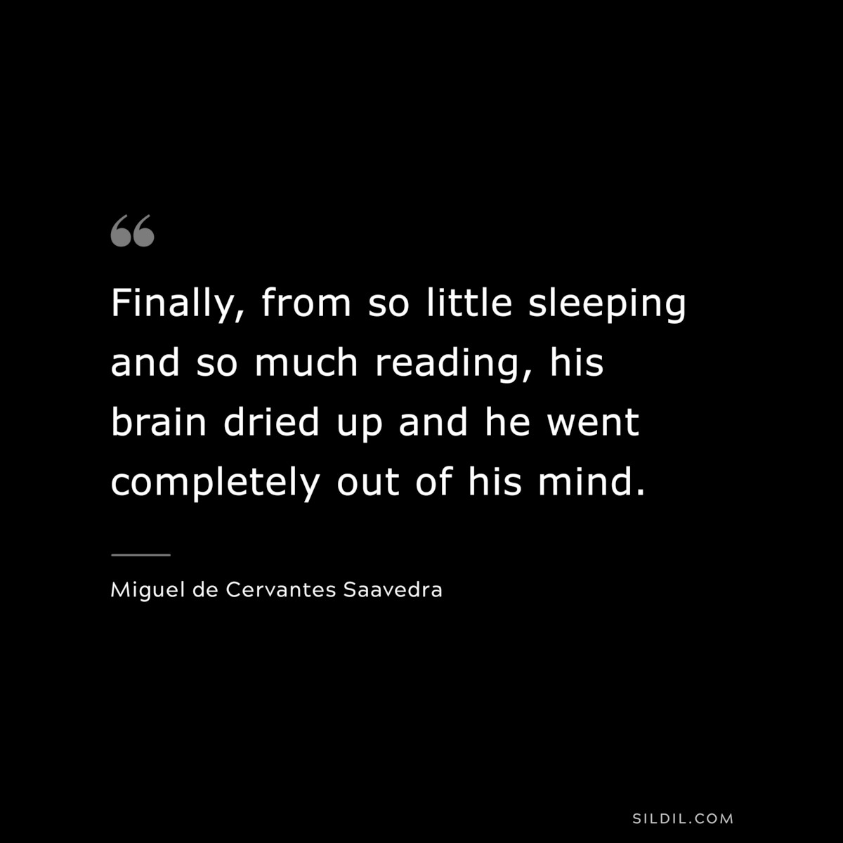 Finally, from so little sleeping and so much reading, his brain dried up and he went completely out of his mind. ― Miguel de Cervantes Saavedra