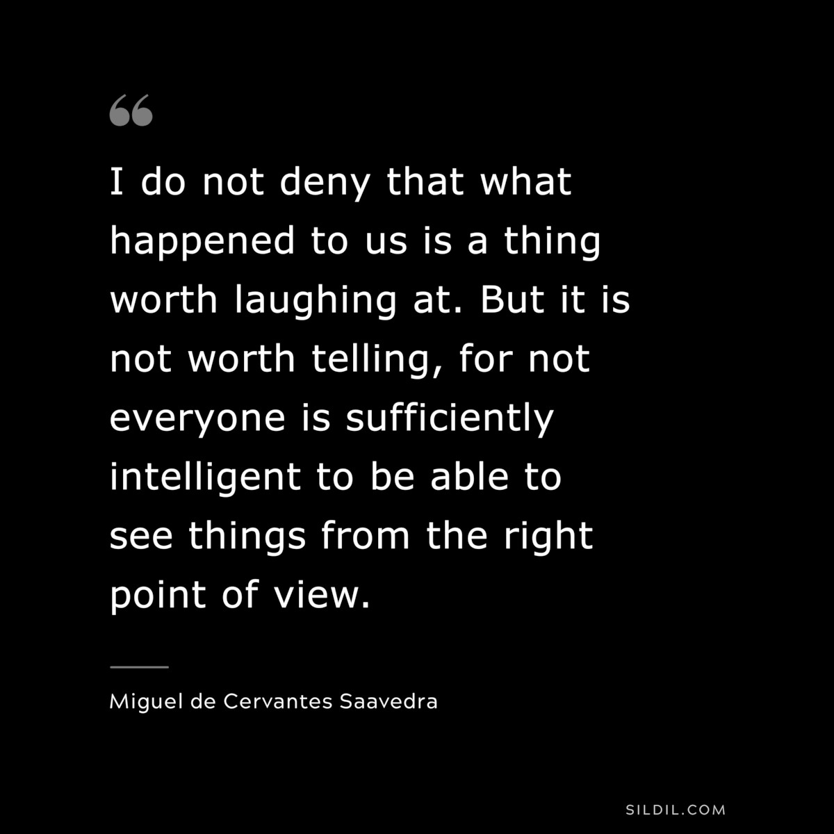 I do not deny that what happened to us is a thing worth laughing at. But it is not worth telling, for not everyone is sufficiently intelligent to be able to see things from the right point of view. ― Miguel de Cervantes Saavedra