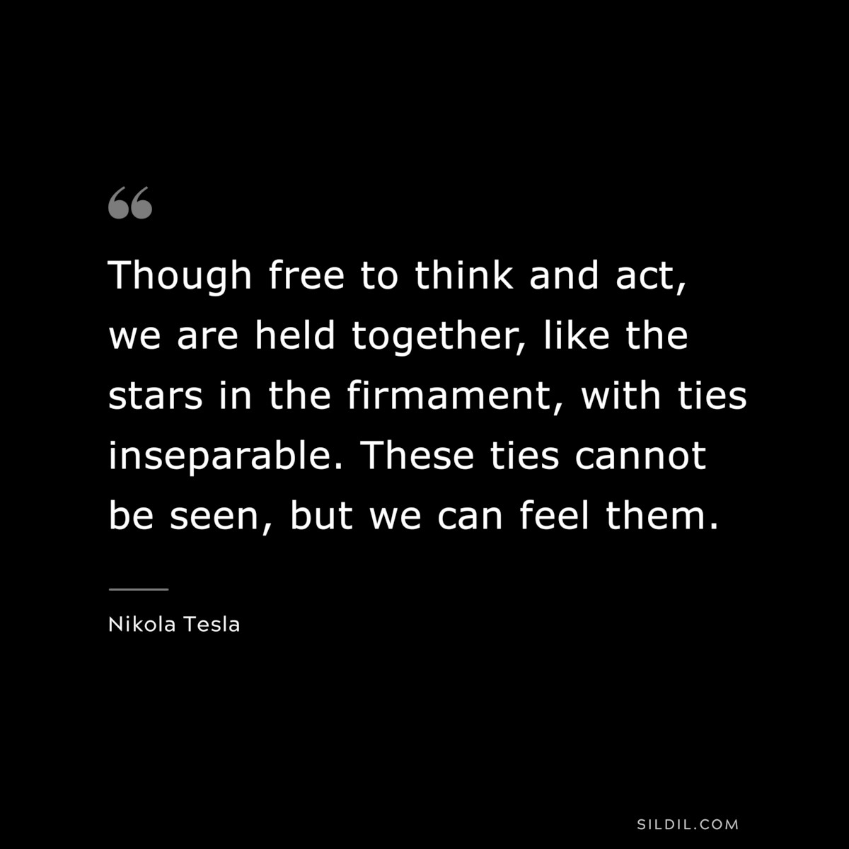 Though free to think and act, we are held together, like the stars in the firmament, with ties inseparable. These ties cannot be seen, but we can feel them. ― Nikola Tesla