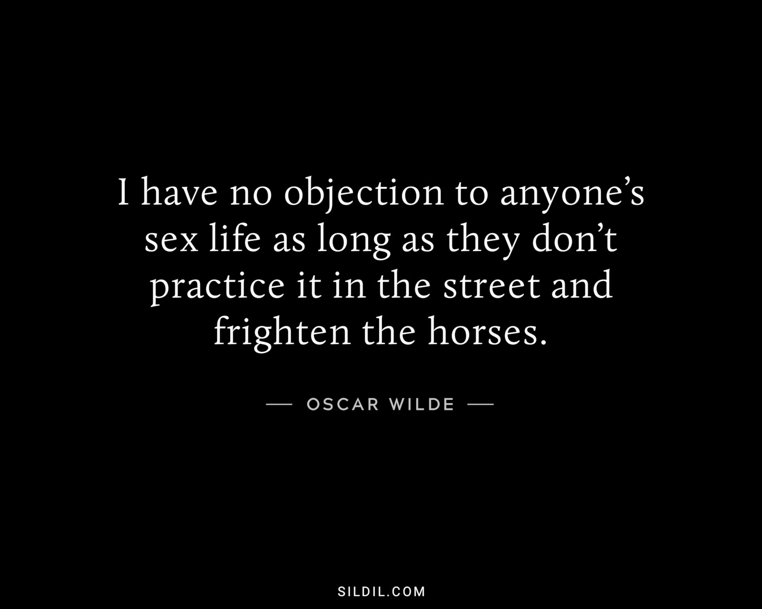 I have no objection to anyone’s sex life as long as they don’t practice it in the street and frighten the horses.