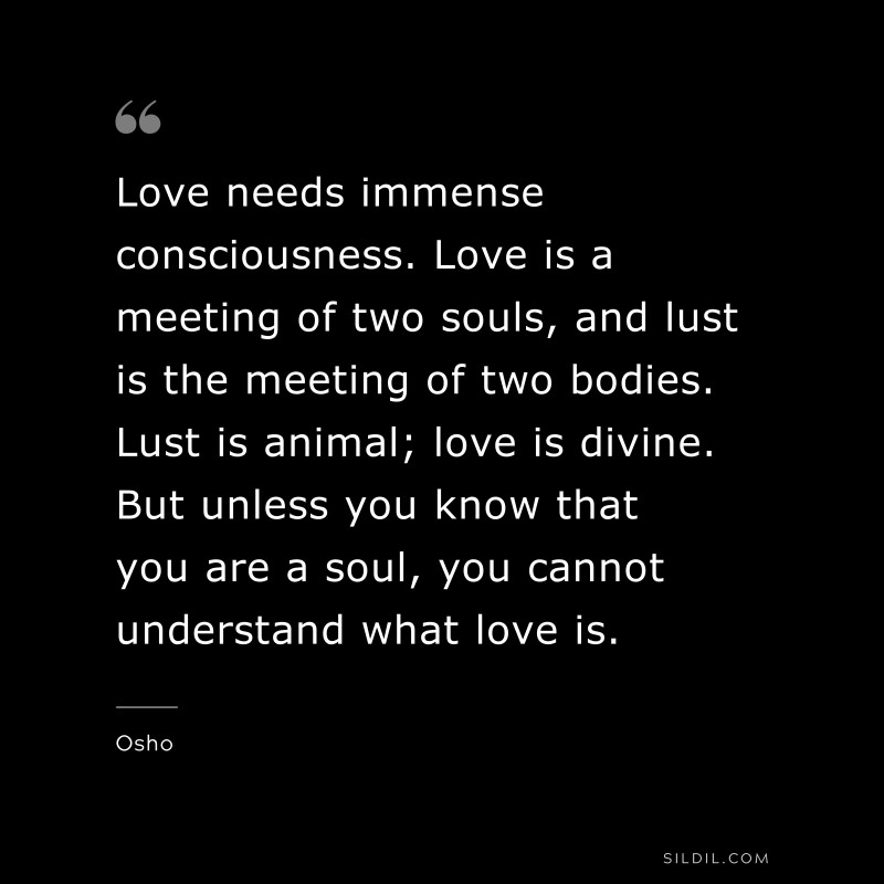 Love needs immense consciousness. Love is a meeting of two souls, and lust is the meeting of two bodies. Lust is animal; love is divine. But unless you know that you are a soul, you cannot understand what love is. ― Osho