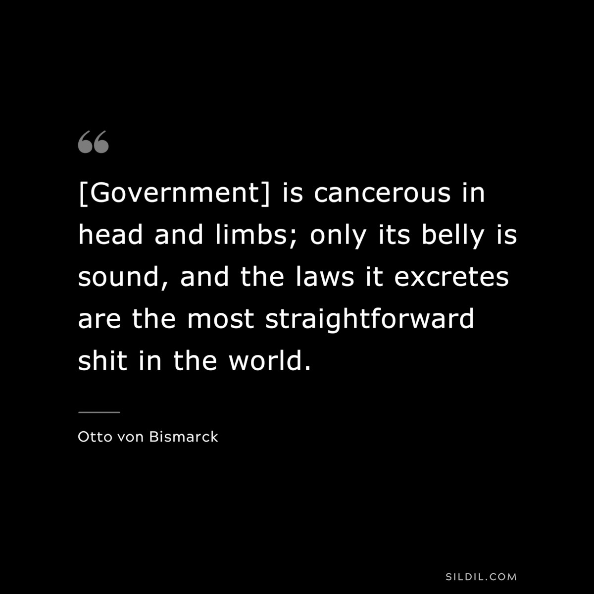 [Government] is cancerous in head and limbs; only its belly is sound, and the laws it excretes are the most straightforward shit in the world. ― Otto von Bismarck