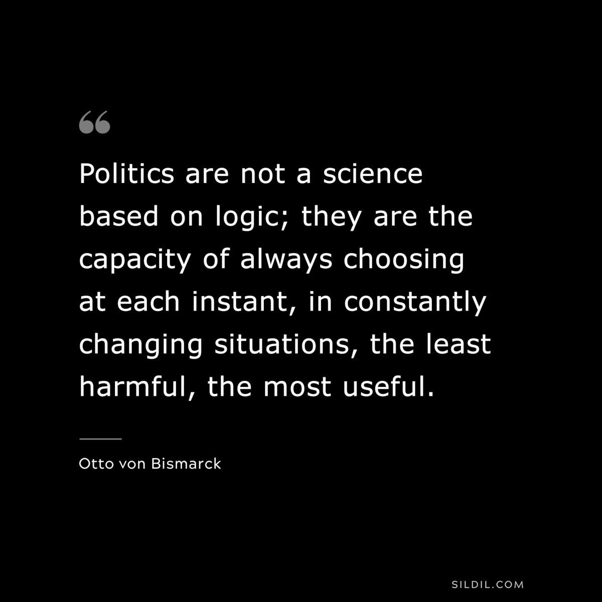 Politics are not a science based on logic; they are the capacity of always choosing at each instant, in constantly changing situations, the least harmful, the most useful. ― Otto von Bismarck