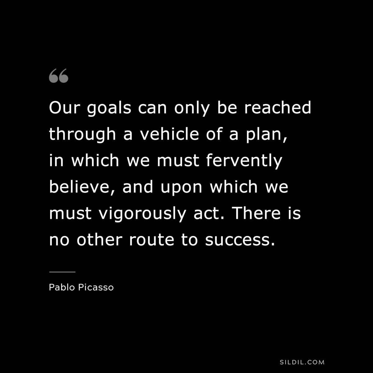 Our goals can only be reached through a vehicle of a plan, in which we must fervently believe, and upon which we must vigorously act. There is no other route to success. ― Pablo Picasso