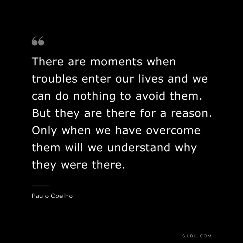 There are moments when troubles enter our lives and we can do nothing to avoid them. But they are there for a reason. Only when we have overcome them will we understand why they were there. ― Paulo Coelho