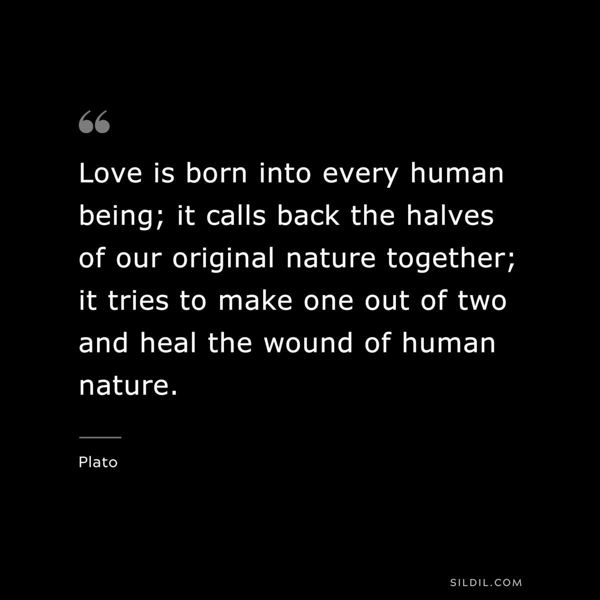 Love is born into every human being; it calls back the halves of our original nature together; it tries to make one out of two and heal the wound of human nature. ― Plato