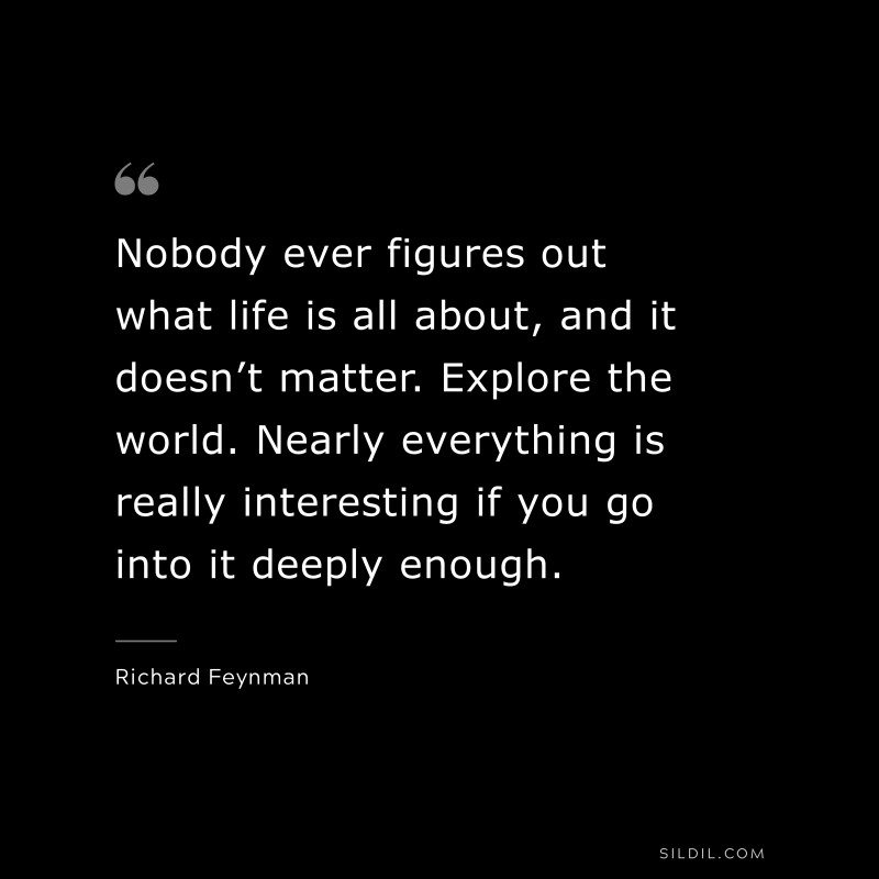 Nobody ever figures out what life is all about, and it doesn’t matter. Explore the world. Nearly everything is really interesting if you go into it deeply enough. ― Richard Feynman
