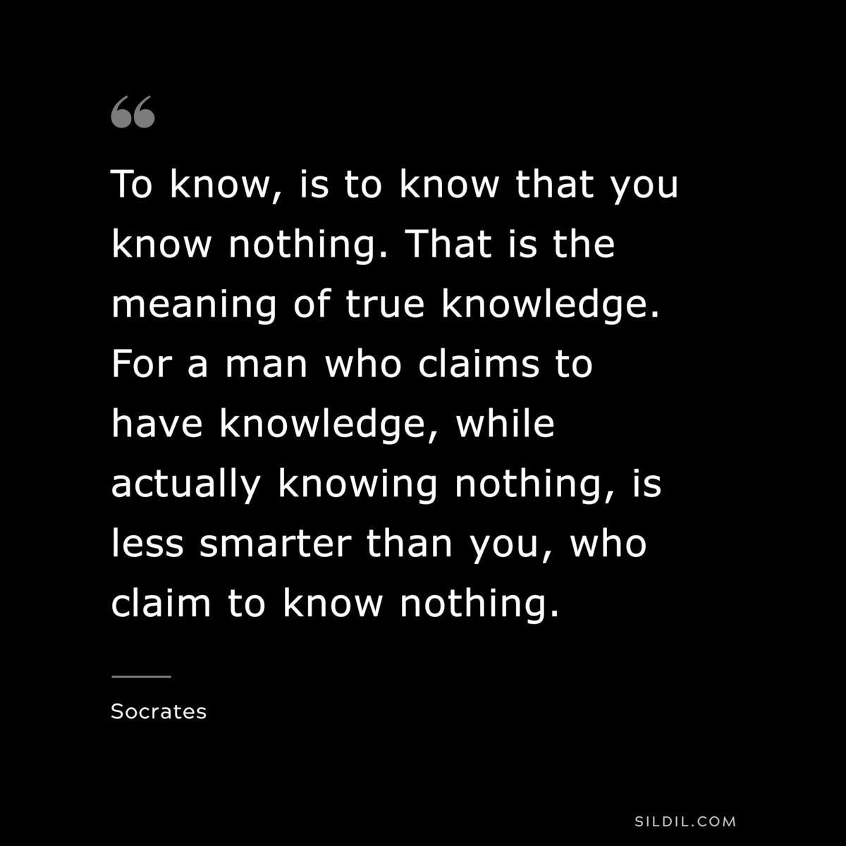 To know, is to know that you know nothing. That is the meaning of true knowledge. For a man who claims to have knowledge, while actually knowing nothing, is less smarter than you, who claim to know nothing. ― Socrates