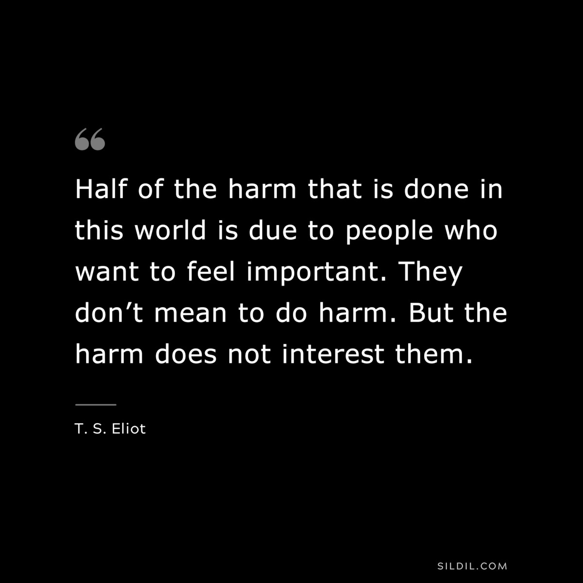 Half of the harm that is done in this world is due to people who want to feel important. They don’t mean to do harm. But the harm does not interest them. ― T. S. Eliot