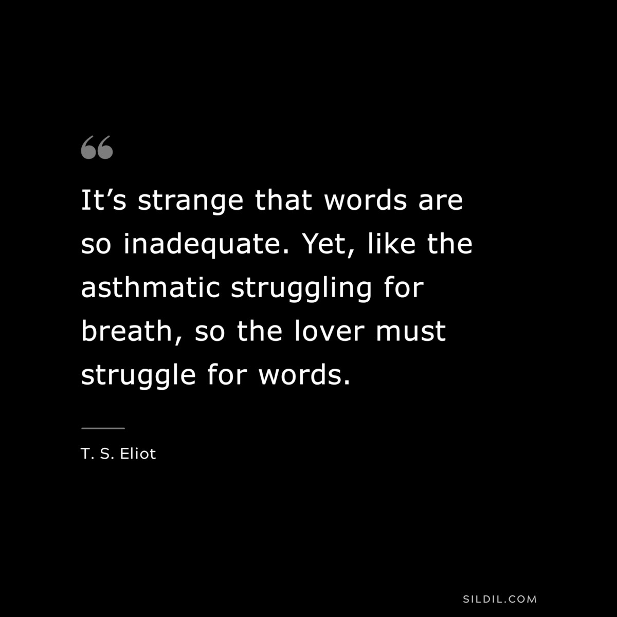 It’s strange that words are so inadequate. Yet, like the asthmatic struggling for breath, so the lover must struggle for words. ― T. S. Eliot