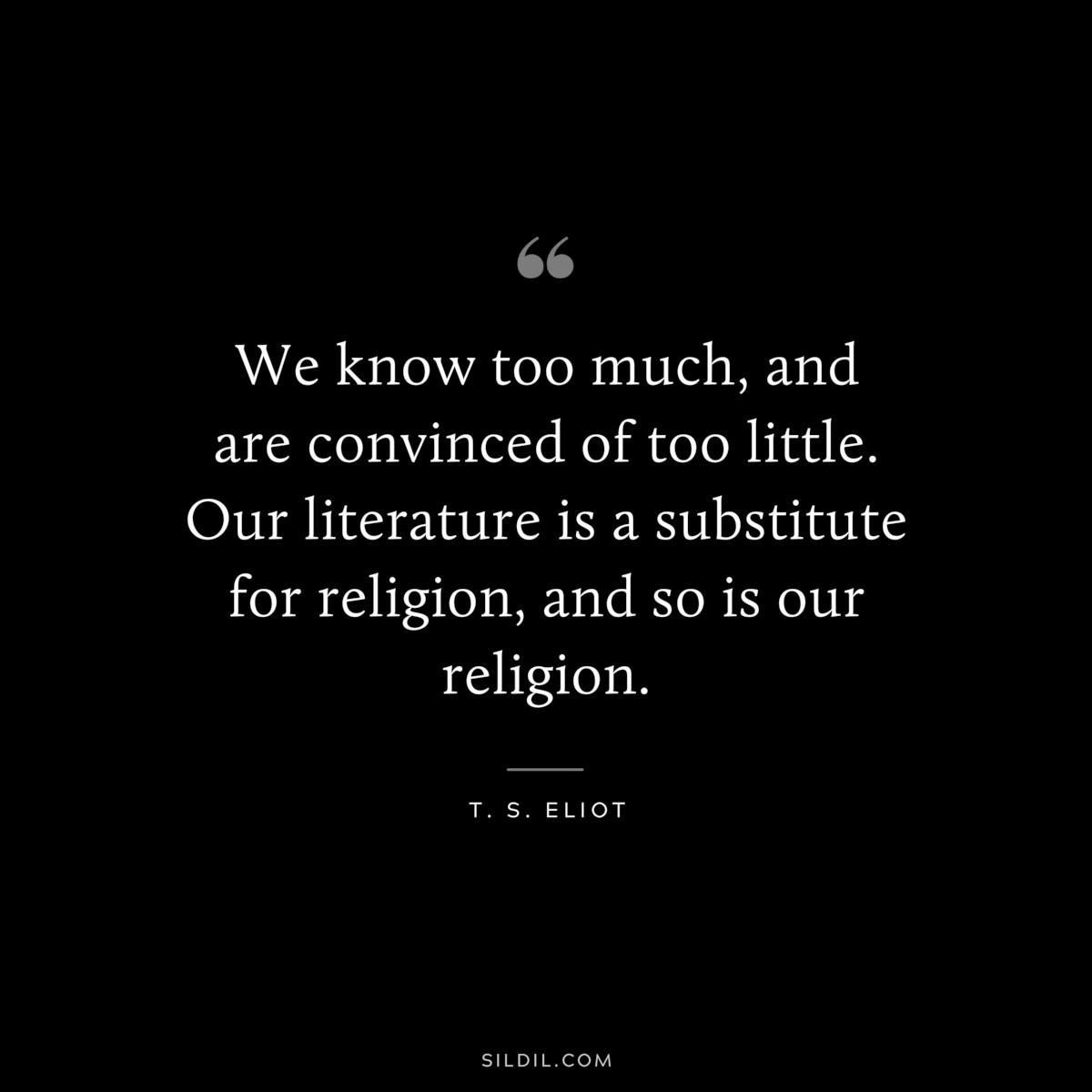 We know too much, and are convinced of too little. Our literature is a substitute for religion, and so is our religion. ― T. S. Eliot