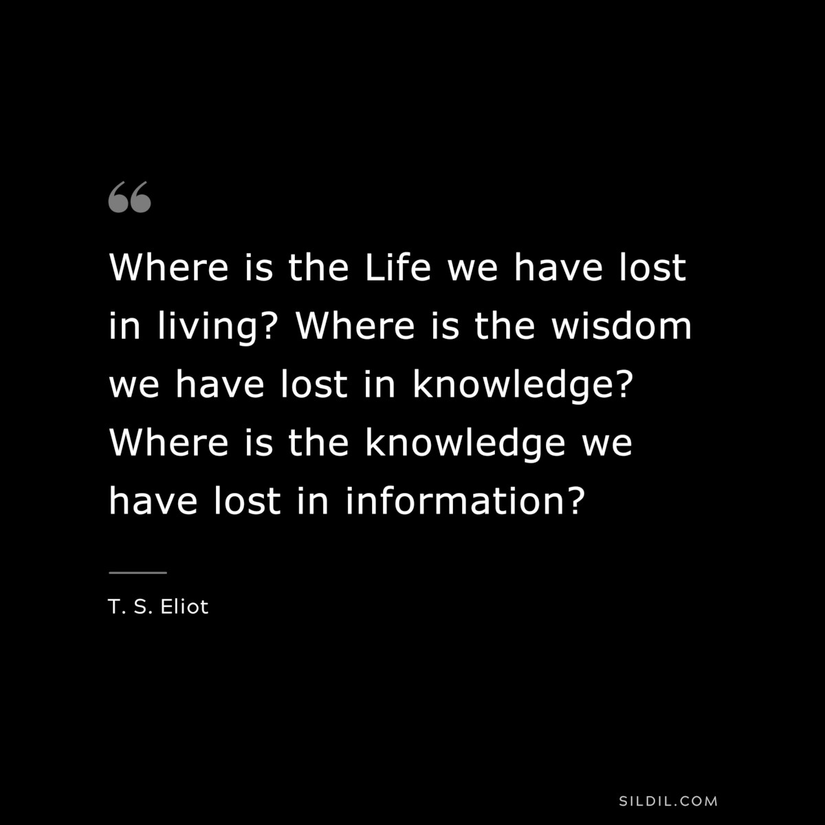 Where is the Life we have lost in living? Where is the wisdom we have lost in knowledge? Where is the knowledge we have lost in information? ― T. S. Eliot
