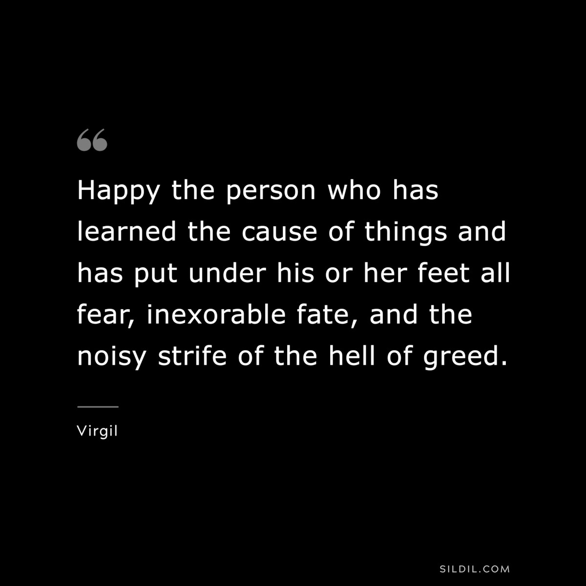 Happy the person who has learned the cause of things and has put under his or her feet all fear, inexorable fate, and the noisy strife of the hell of greed. ― Virgil