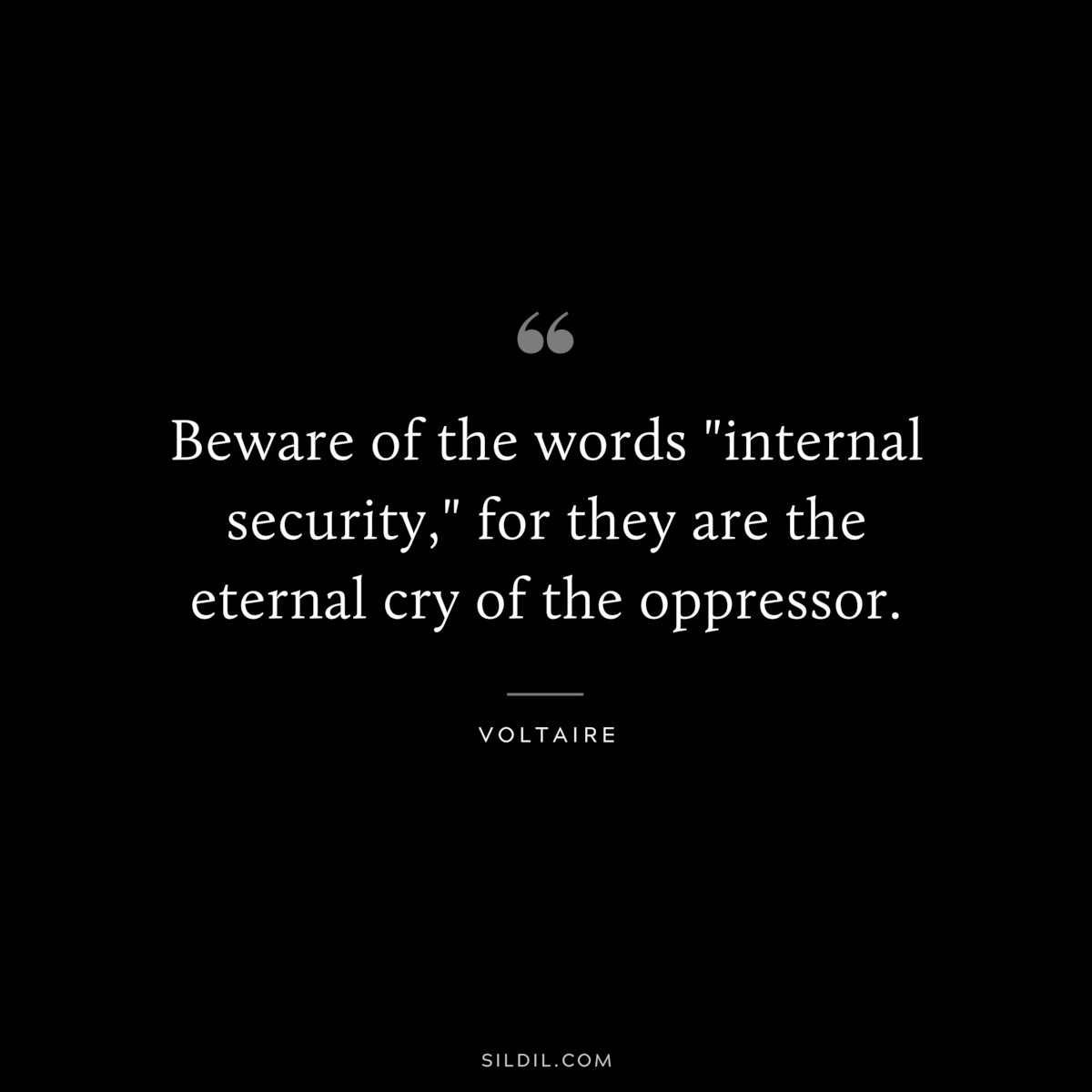 Beware of the words "internal security," for they are the eternal cry of the oppressor. ― Voltaire