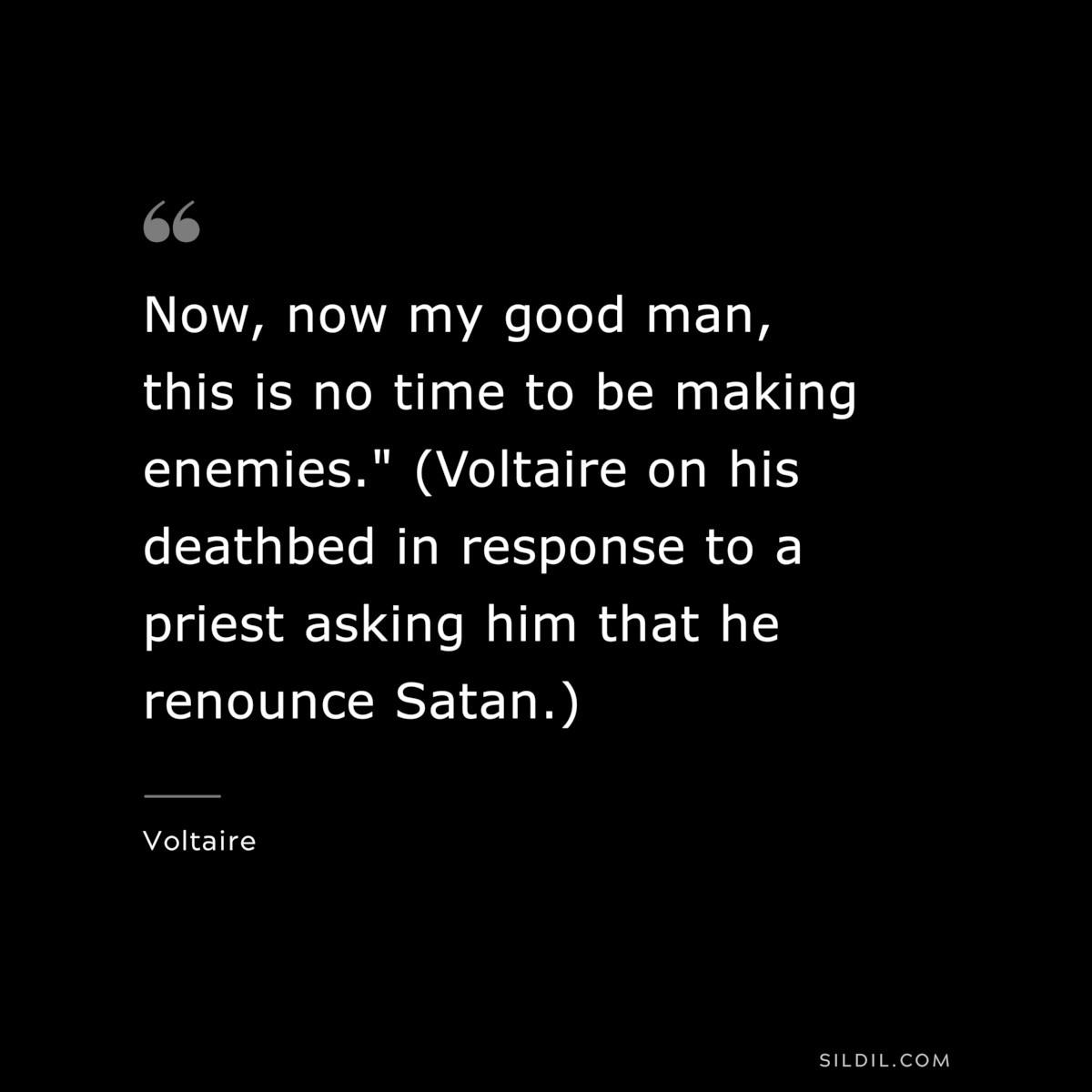 Now, now my good man, this is no time to be making enemies." (Voltaire on his deathbed in response to a priest asking him that he renounce Satan.) ― Voltaire