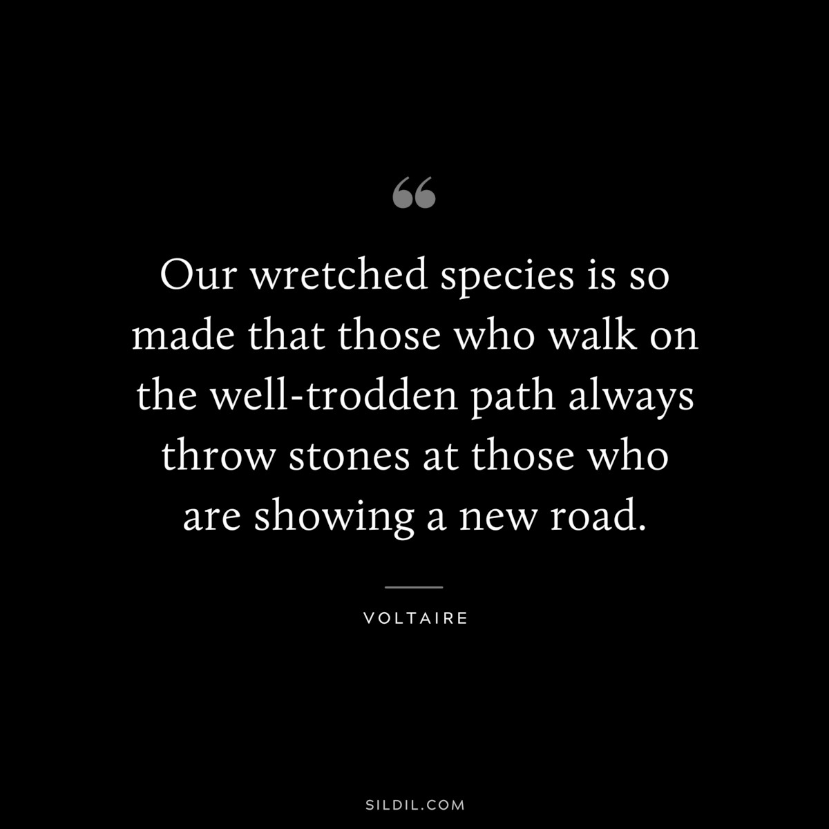 Our wretched species is so made that those who walk on the well-trodden path always throw stones at those who are showing a new road. ― Voltaire