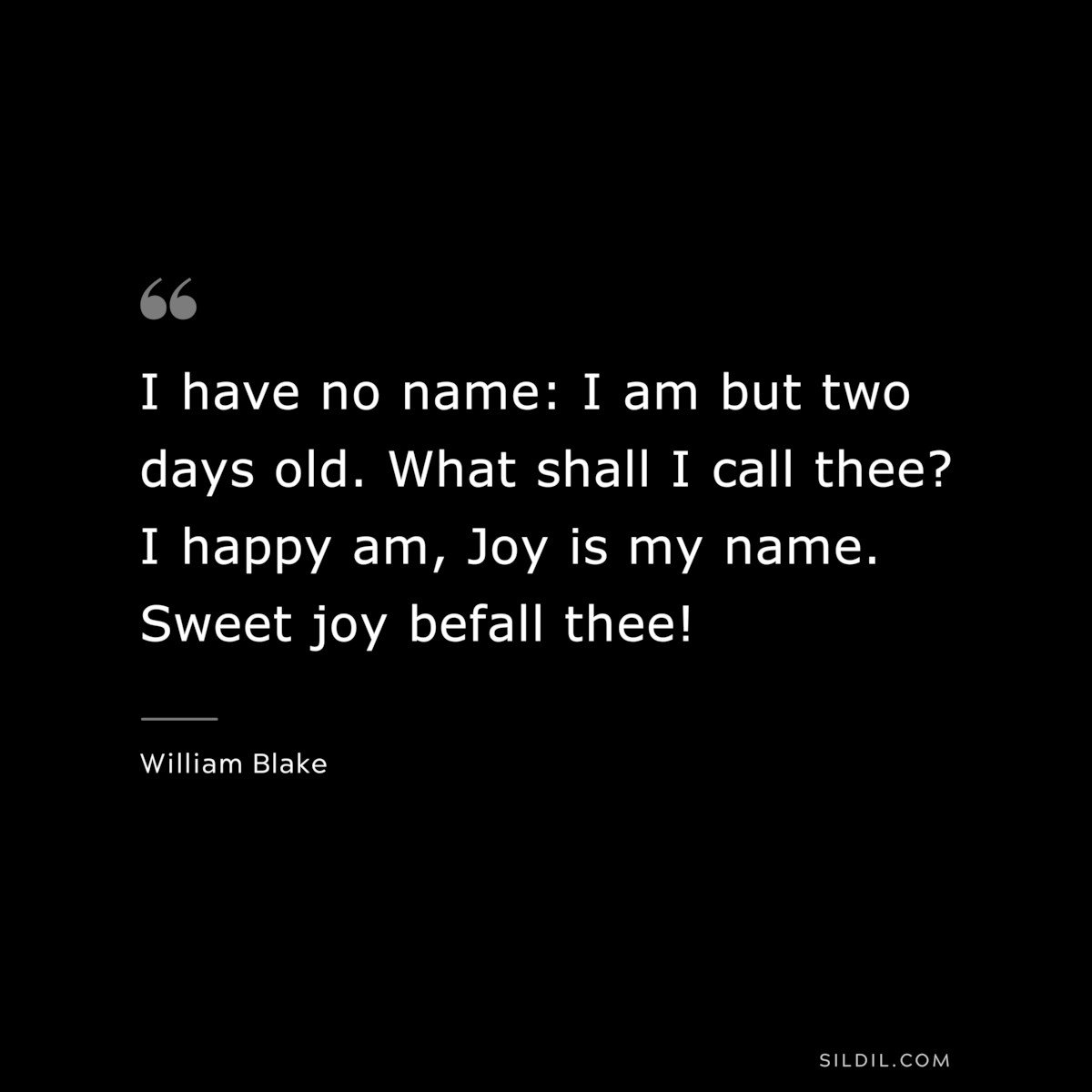 I have no name: I am but two days old. What shall I call thee? I happy am, Joy is my name. Sweet joy befall thee! ― William Blake