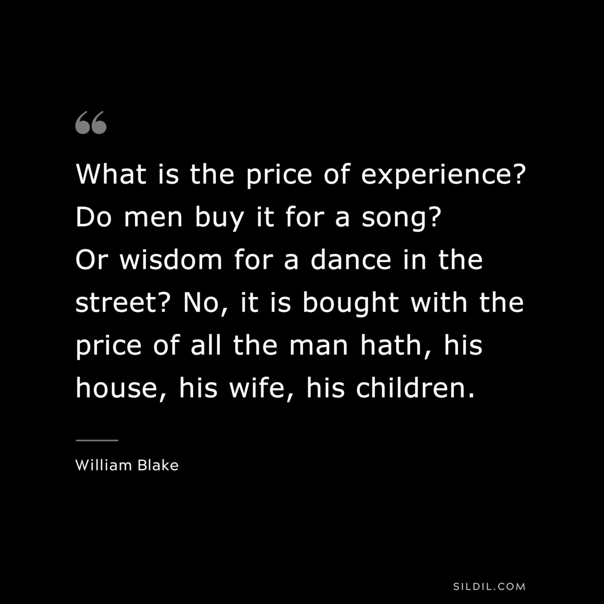 What is the price of experience? Do men buy it for a song? Or wisdom for a dance in the street? No, it is bought with the price of all the man hath, his house, his wife, his children. ― William Blake