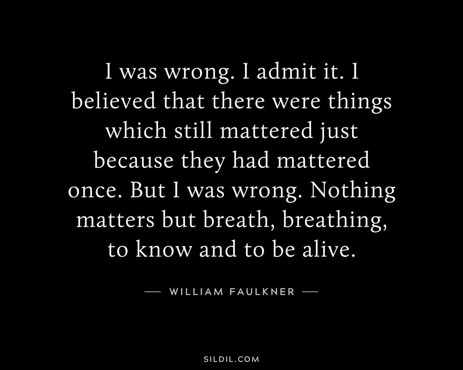 I was wrong. I admit it. I believed that there were things which still mattered just because they had mattered once. But I was wrong. Nothing matters but breath, breathing, to know and to be alive.