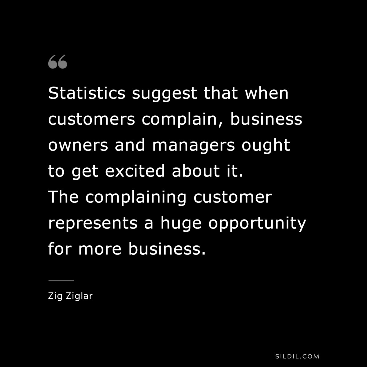 Statistics suggest that when customers complain, business owners and managers ought to get excited about it. The complaining customer represents a huge opportunity for more business. ― Zig Ziglar