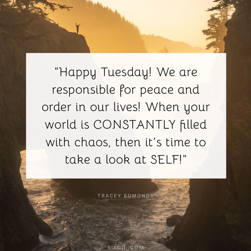 “Happy Tuesday! We are responsible for peace and order in our lives! When your world is CONSTANTLY filled with chaos, then it’s time to take a look at SELF!” ― Tracey Edmonds