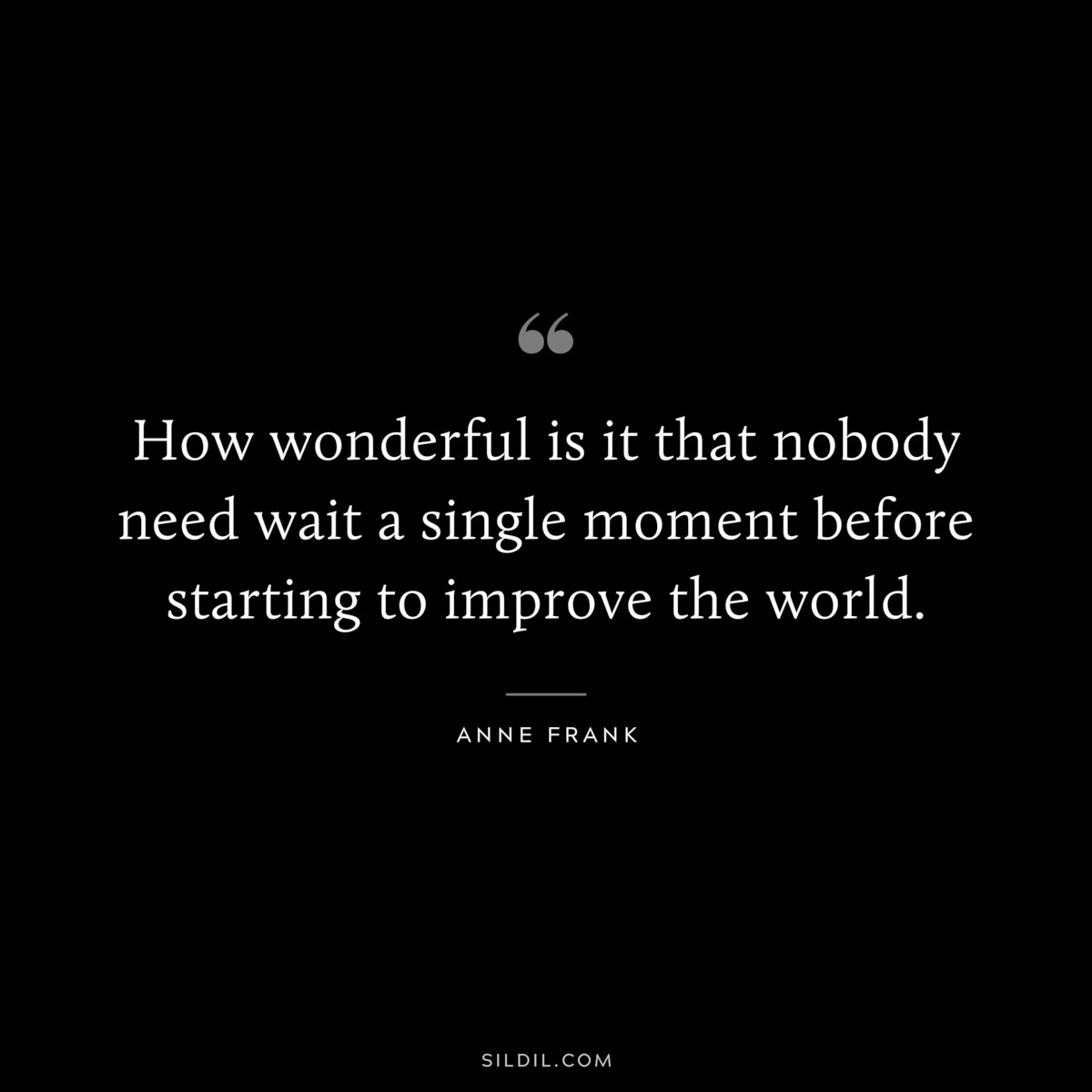 How wonderful is it that nobody need wait a single moment before starting to improve the world. ― Anne Frank