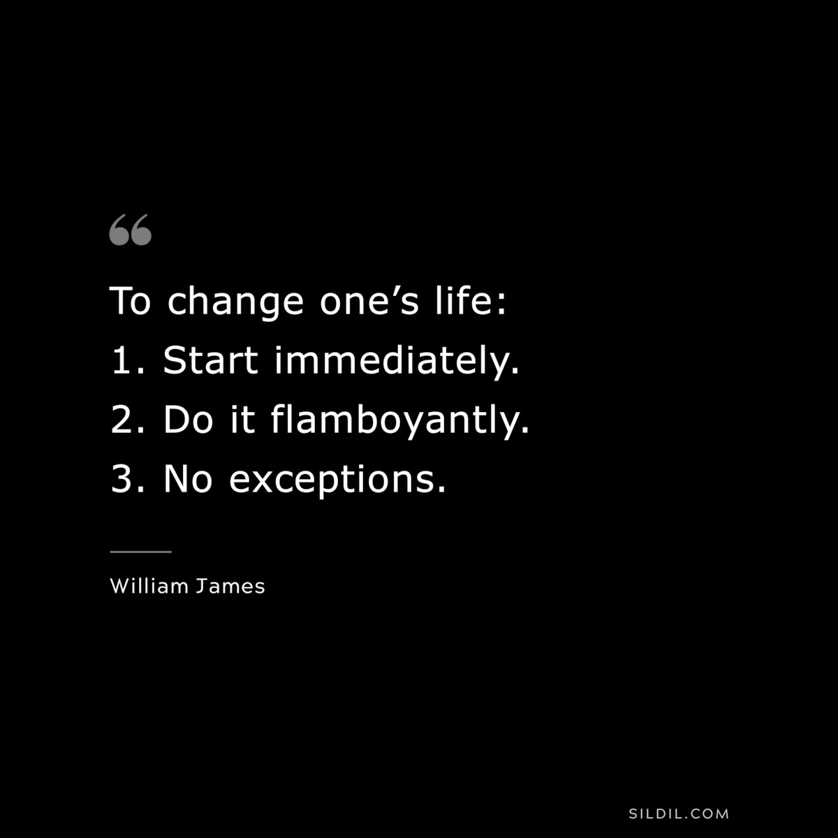 To change one’s life: 1. Start immediately. 2. Do it flamboyantly. 3. No exceptions. ― William James