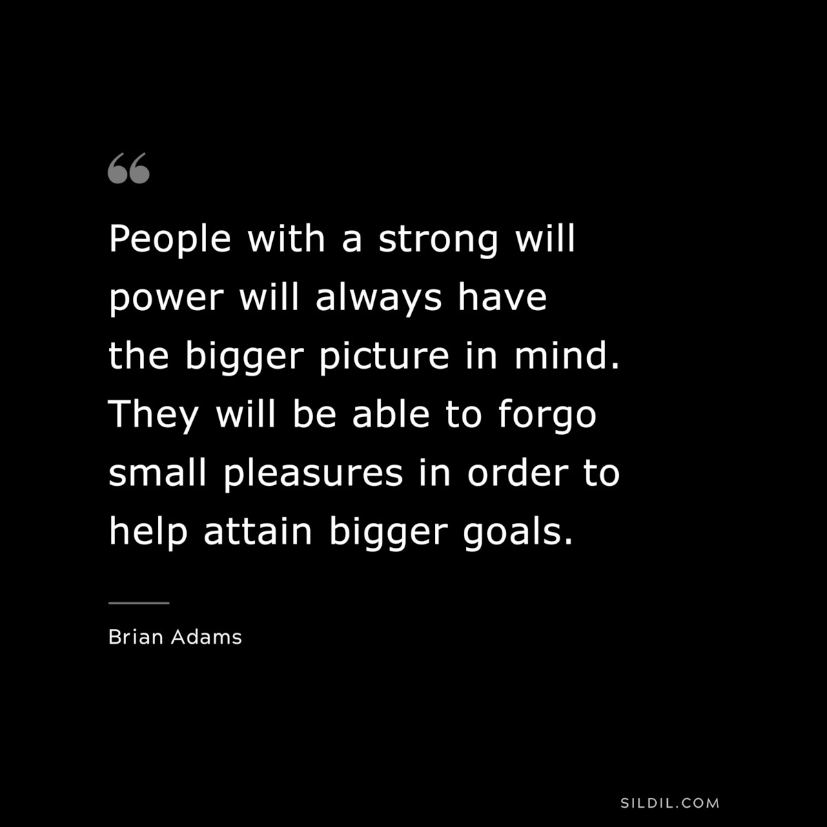 People with a strong will power will always have the bigger picture in mind. They will be able to forgo small pleasures in order to help attain bigger goals. ― Brian Adams