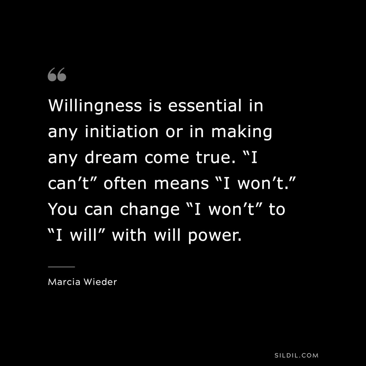 Willingness is essential in any initiation or in making any dream come true.  “I can’t” often means “I won’t.”  You can change “I won’t” to “I will” with will power. ― Marcia Wieder