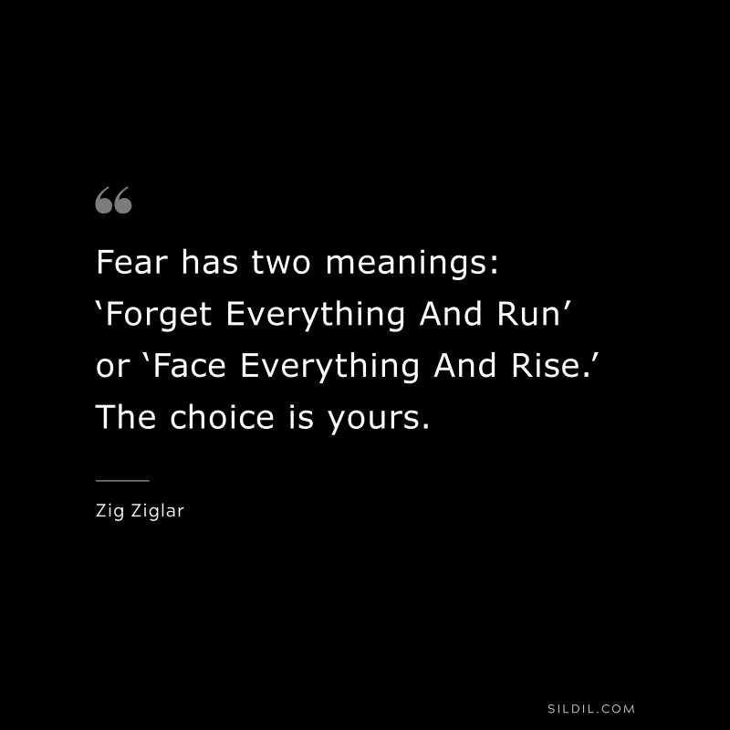 Fear has two meanings: ‘Forget Everything And Run’ or ‘Face Everything And Rise.’ The choice is yours. ― Zig Ziglar