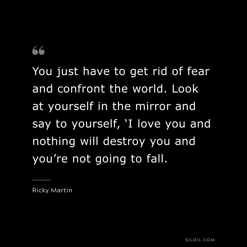 You just have to get rid of fear and confront the world. Look at yourself in the mirror and say to yourself, ‘I love you and nothing will destroy you and you’re not going to fall. ― Ricky Martin