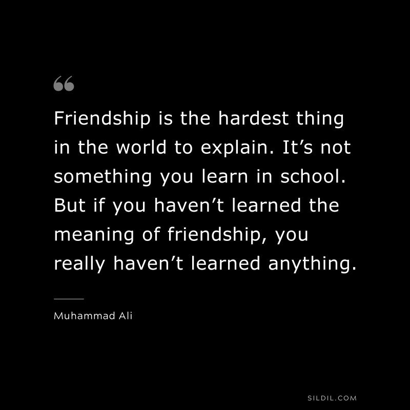 Friendship is the hardest thing in the world to explain. It’s not something you learn in school. But if you haven’t learned the meaning of friendship, you really haven’t learned anything. ― Muhammad Ali