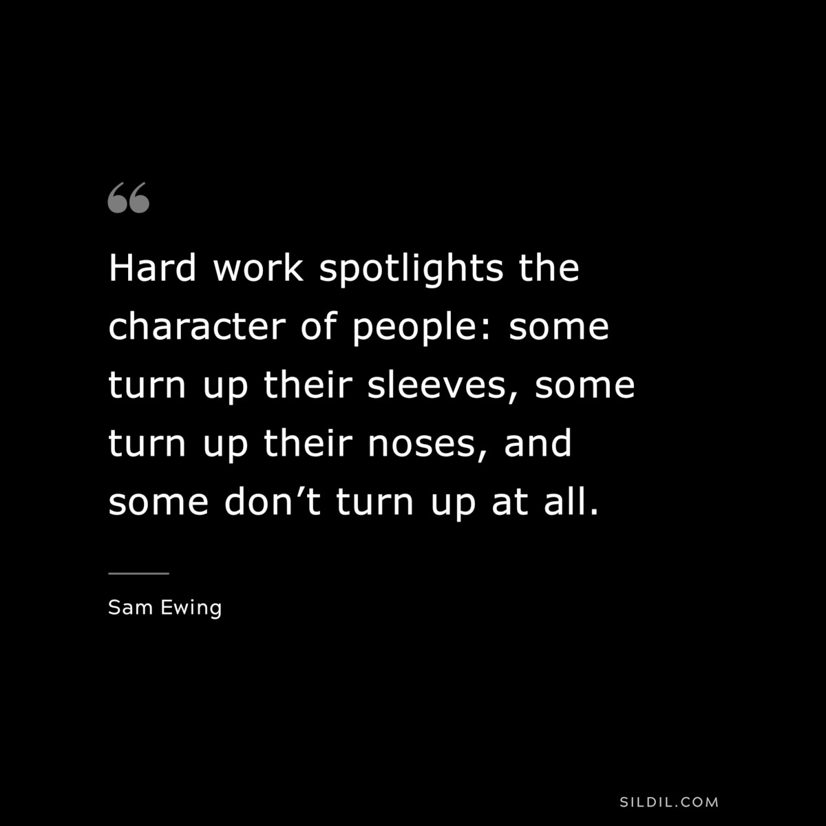 Hard work spotlights the character of people: some turn up their sleeves, some turn up their noses, and some don’t turn up at all. ― Sam Ewing
