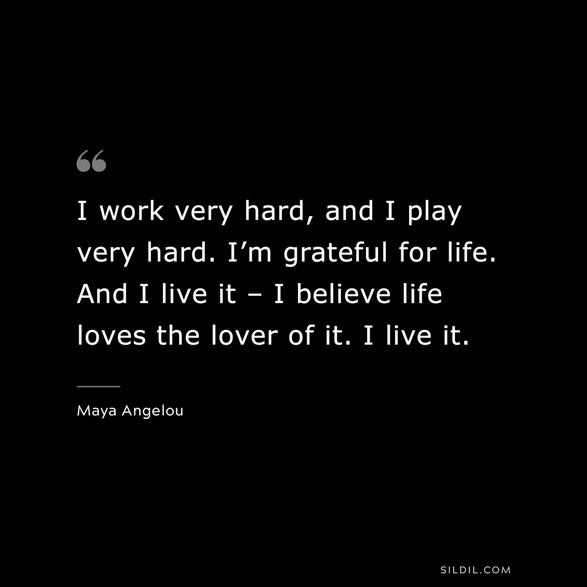 I work very hard, and I play very hard. I’m grateful for life. And I live it – I believe life loves the lover of it. I live it. ― Maya Angelou