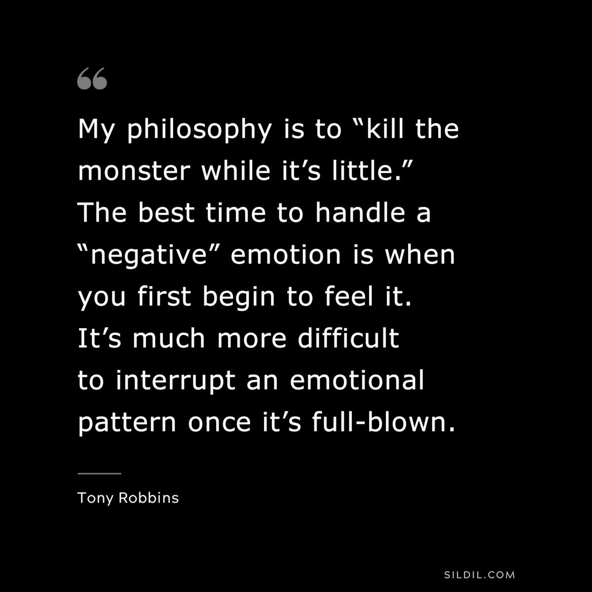 My philosophy is to “kill the monster while it’s little.” The best time to handle a “negative” emotion is when you first begin to feel it. It’s much more difficult to interrupt an emotional pattern once it’s full-blown. ― Tony Robbins