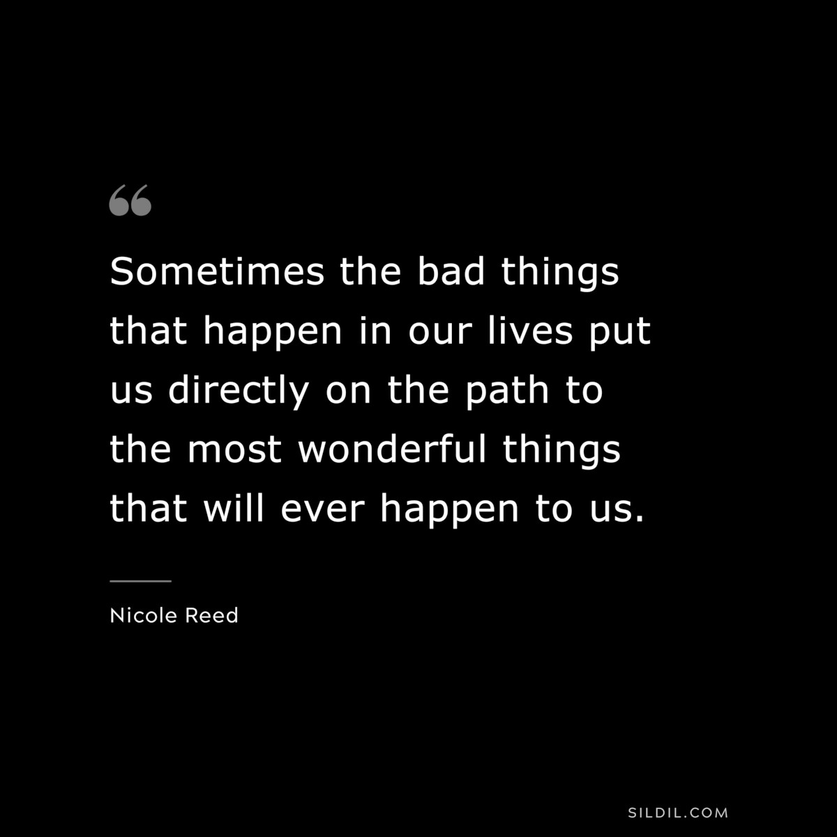 Sometimes the bad things that happen in our lives put us directly on the path to the most wonderful things that will ever happen to us. ― Nicole Reed