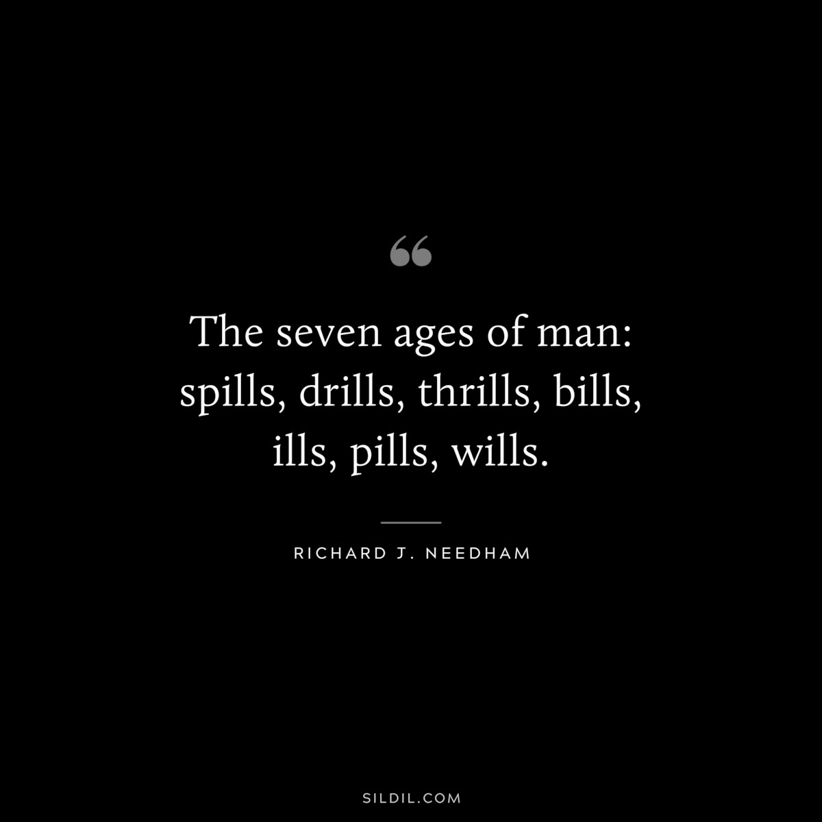 The seven ages of man: spills, drills, thrills, bills, ills, pills, wills. ― Richard J. Needham