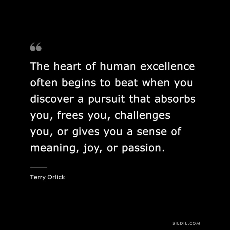 The heart of human excellence often begins to beat when you discover a pursuit that absorbs you, frees you, challenges you, or gives you a sense of meaning, joy, or passion. ― Terry Orlick