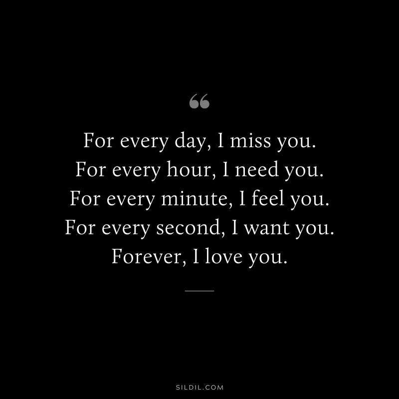 For every day, I miss you. For every hour, I need you. For every minute, I feel you. For every second, I want you. Forever, I love you.
