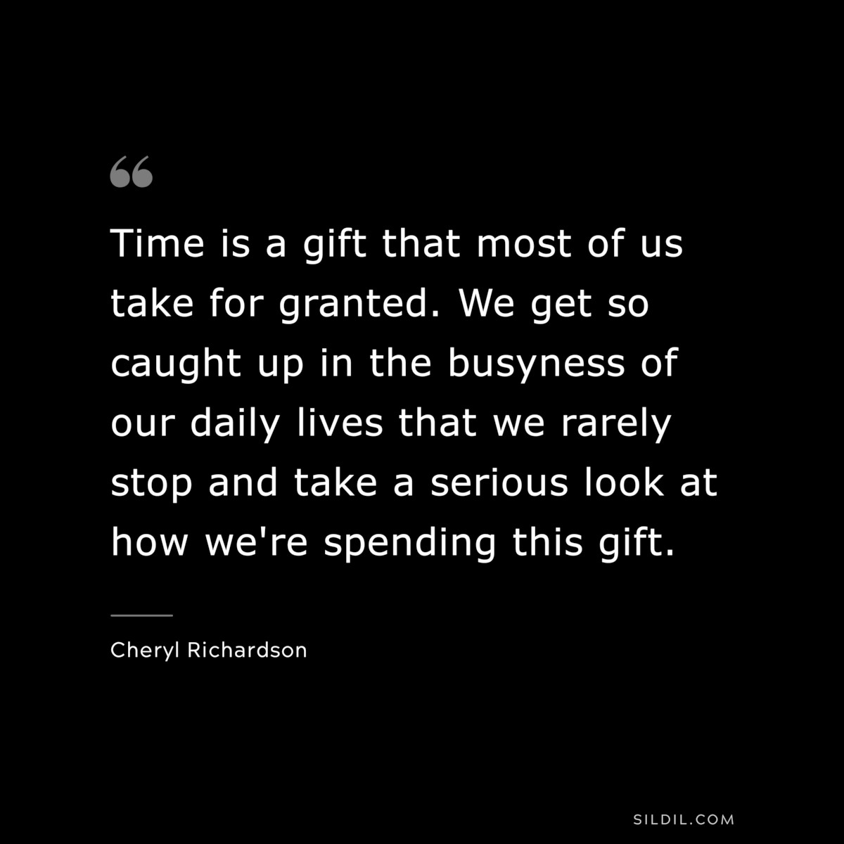 Time is a gift that most of us take for granted. We get so caught up in the busyness of our daily lives that we rarely stop and take a serious look at how we're spending this gift. ― Cheryl Richardson