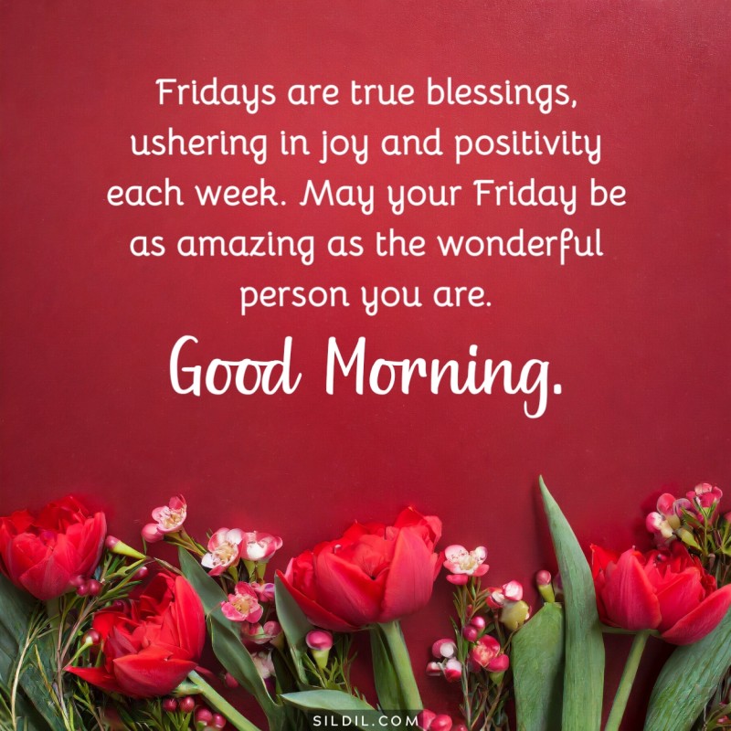Fridays are true blessings, ushering in joy and positivity each week. May your Friday be as amazing as the wonderful person you are. Good morning.
