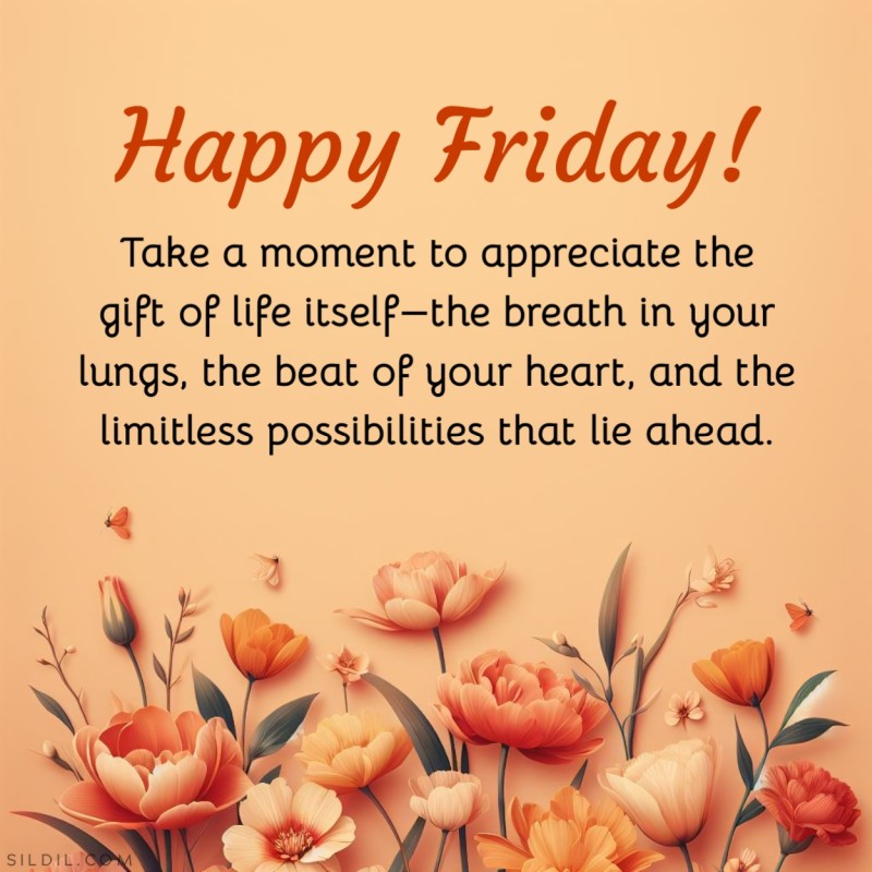 Happy Friday! Take a moment to appreciate the gift of life itself—the breath in your lungs, the beat of your heart, and the limitless possibilities that lie ahead.