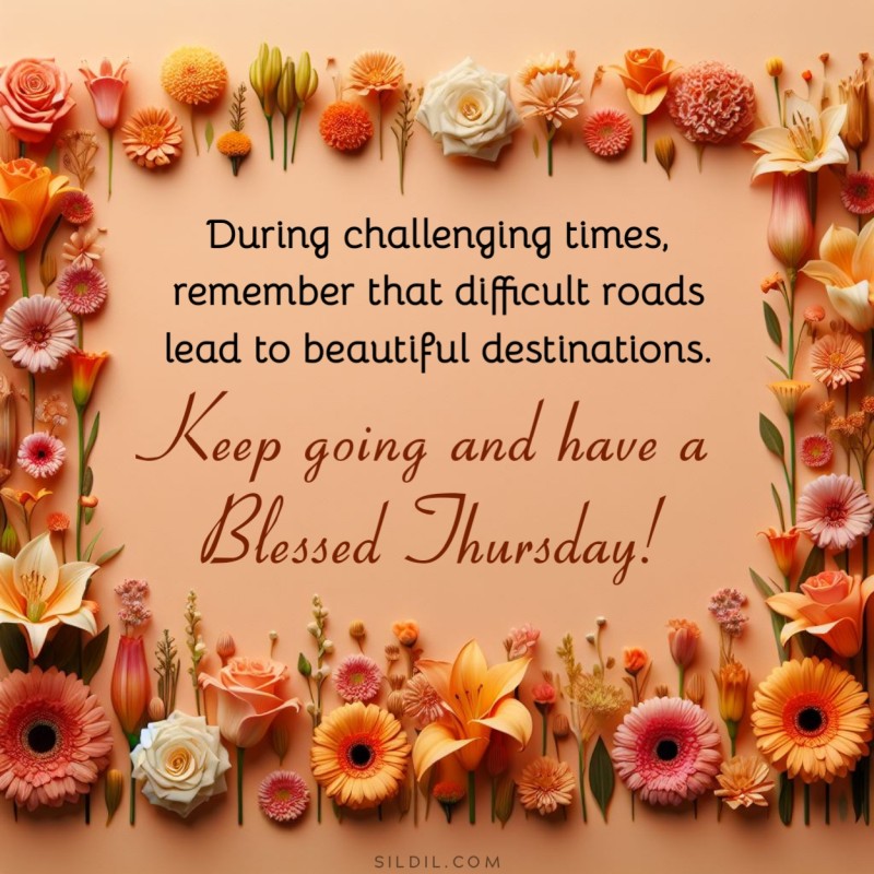 During challenging times, remember that difficult roads lead to beautiful destinations. Keep going and have a blessed Thursday!