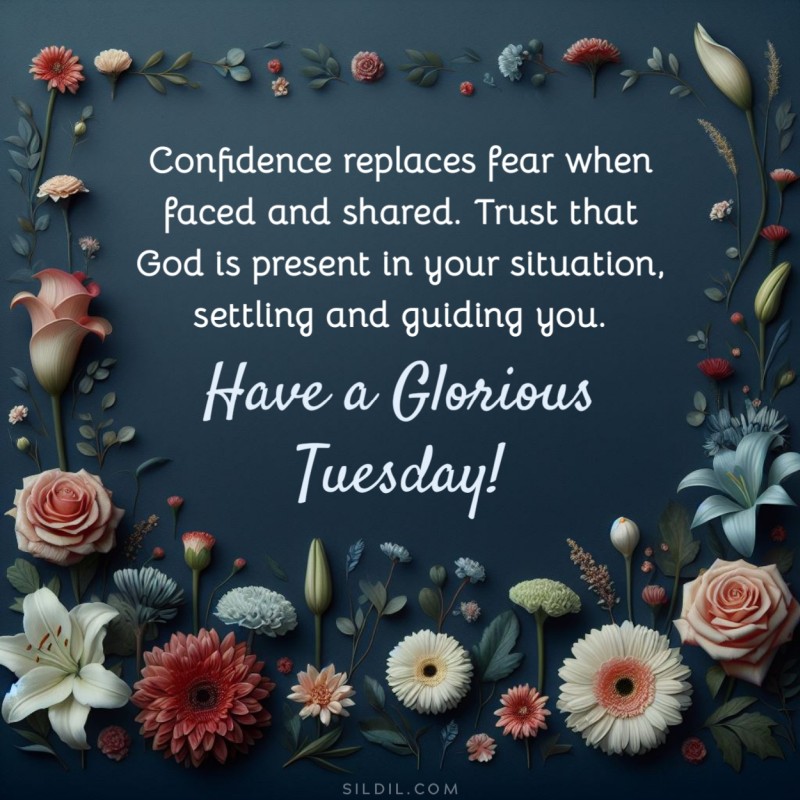 Confidence replaces fear when faced and shared. Trust that God is present in your situation, settling and guiding you. Have a glorious Tuesday!