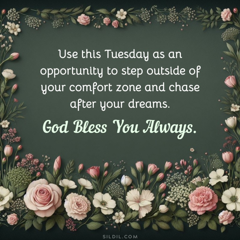 Use this Tuesday as an opportunity to step outside of your comfort zone and chase after your dreams. God bless you always.