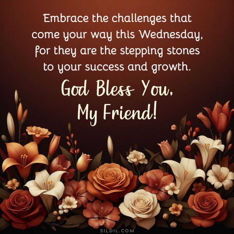 Embrace the challenges that come your way this Wednesday, for they are the stepping stones to your success and growth. God bless you, my friend!